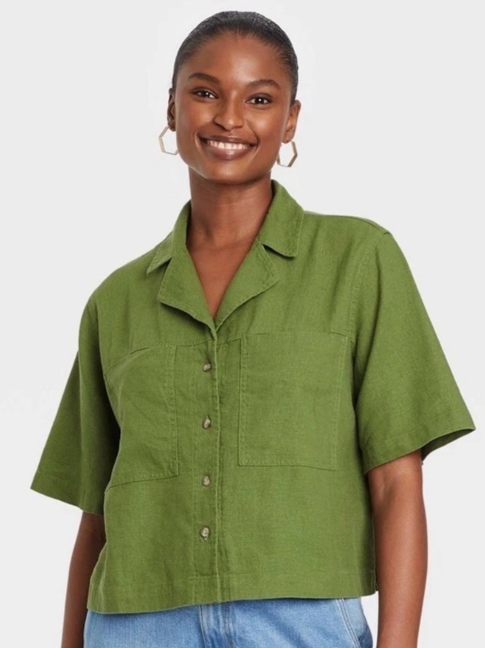 Universal Thread Women's Short Sleeve Linen Blend Button-Down Shirt Green Size M